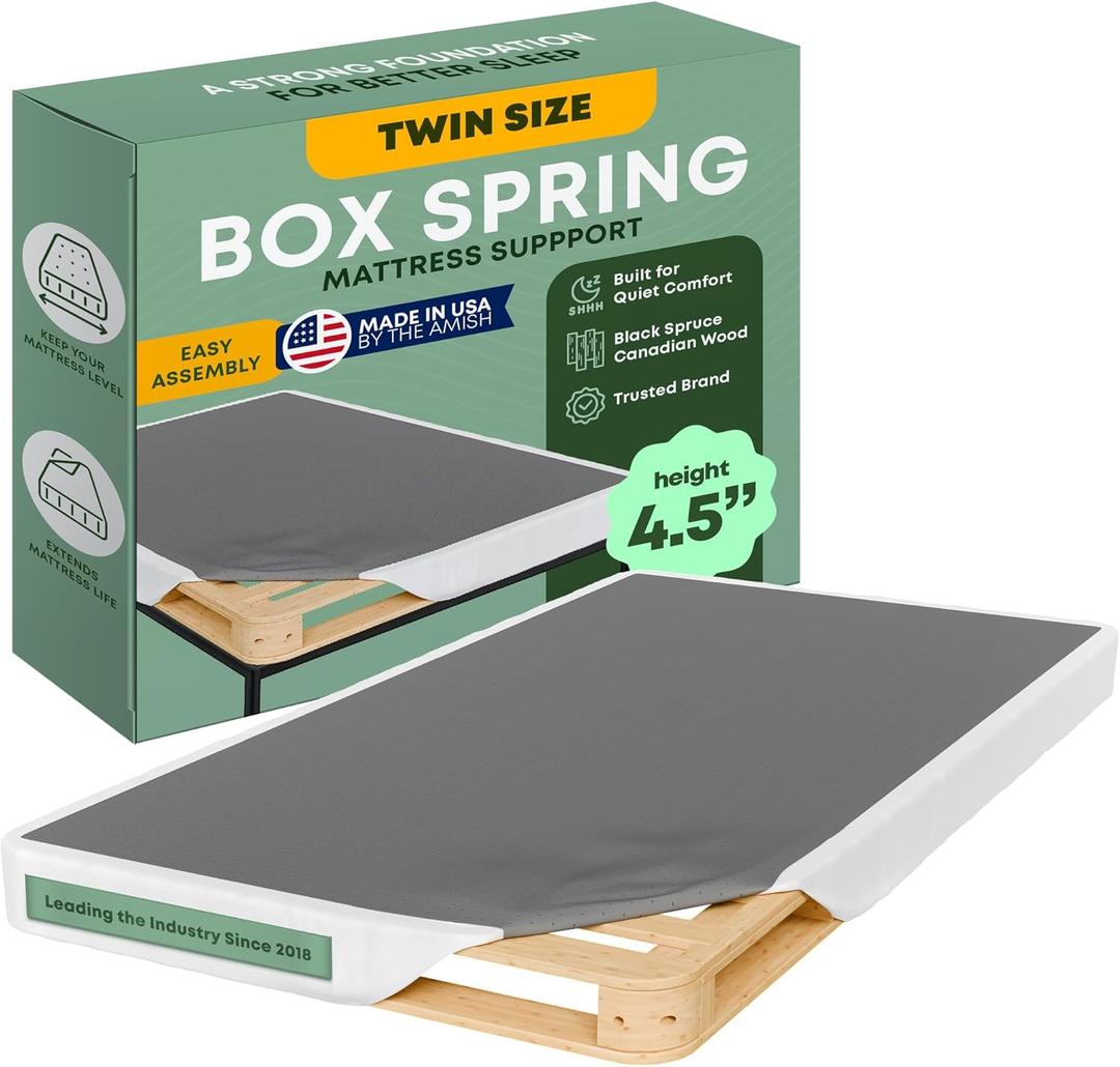 Greaton, Unassembled Twin Box Spring for Twin Bed  4.5-Inch Wood Box Spring Only  Amish Made in USA  Quiet Noise-Free Replacement Mattress Foundation  Packed Flat, Easy Assembly (White)