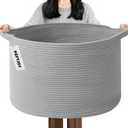 65L Large Blanket Basket,Woven Rope Laundry Basket Hamper with Handles,Decorative Nursery Basket Storage Bin for Toys, Pillows , Clothes Organizer, Living Room, Bedroom, Bathroom, Light Gry