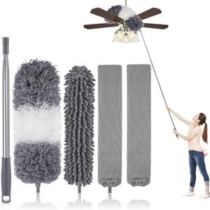 Dusters for Cleaning, Retractable Microfiber Gap Dust Cleaner with Extension Pole 30'' to 100'', Reusable Bendable Long Handle Feather Duster Kit for Cleaning High Ceiling Fan, Furniture, Blinds, Car (Gray)