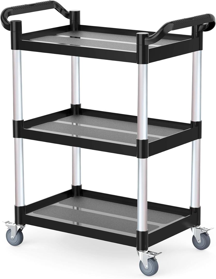 3-Tier Rolling Utility Cart with 4 Lockable Quiet Wheels  510LB Capacity, Commercial Use for Restaurant/Office/Warehouse/Hotel, Easy Assembly, Black (31.1x16.7x37.8 in)