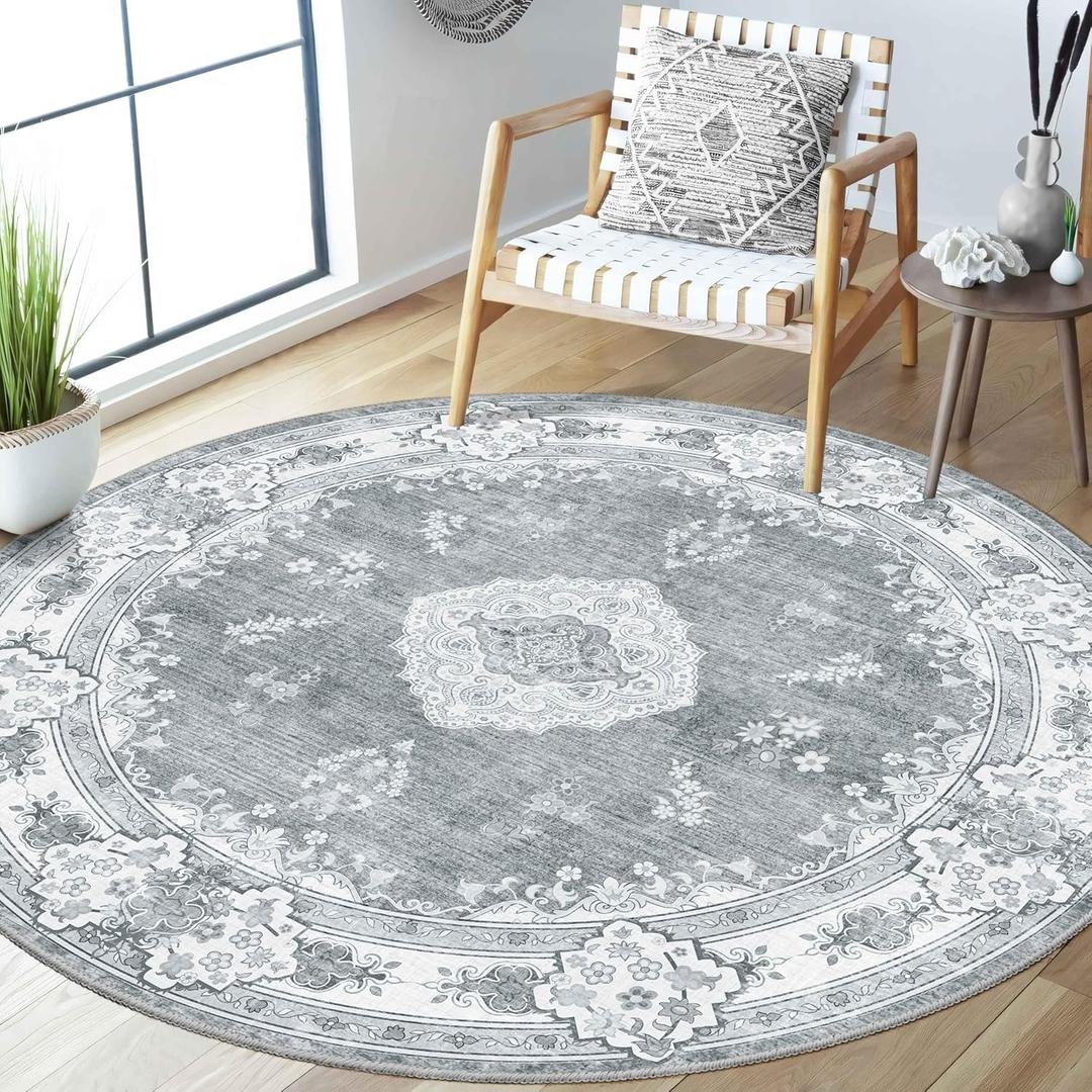 MUJOO Grey Round Rug 5ft,Circle Washable Area Rugs for Bedroom Living Room Bathroom,Boho Vintage Bohemian Distressed Farmhouse Large Non Slip Circular Carpet,Floral
