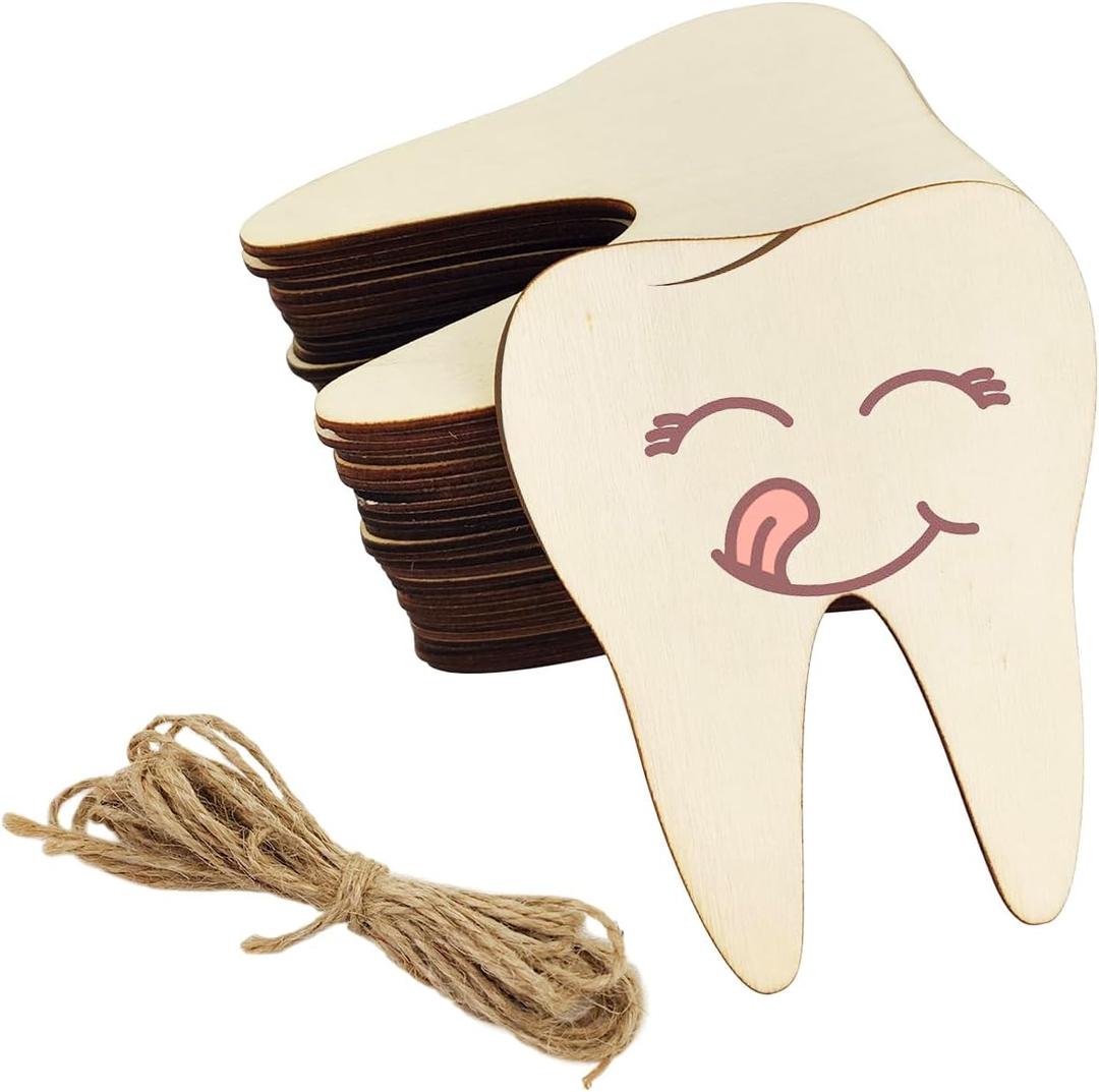 30 Pack 4 Inch Wood Tooth Cutouts Unfinished Wood Tooth Crafts Wooden Tooth Hanging Ornaments DIY Tooth Craft Gift Tags for Home Party Decoration