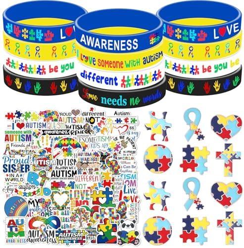 Set of 2 Packs, Yizeda Autism Awareness Party Favors Autism Awareness Wristband Silicone Bracelets Bulk Puzzle Inspirational Rubber Bracelet Sticker Stampers for Autism Awareness Decoration Party Favor Gift Supplies