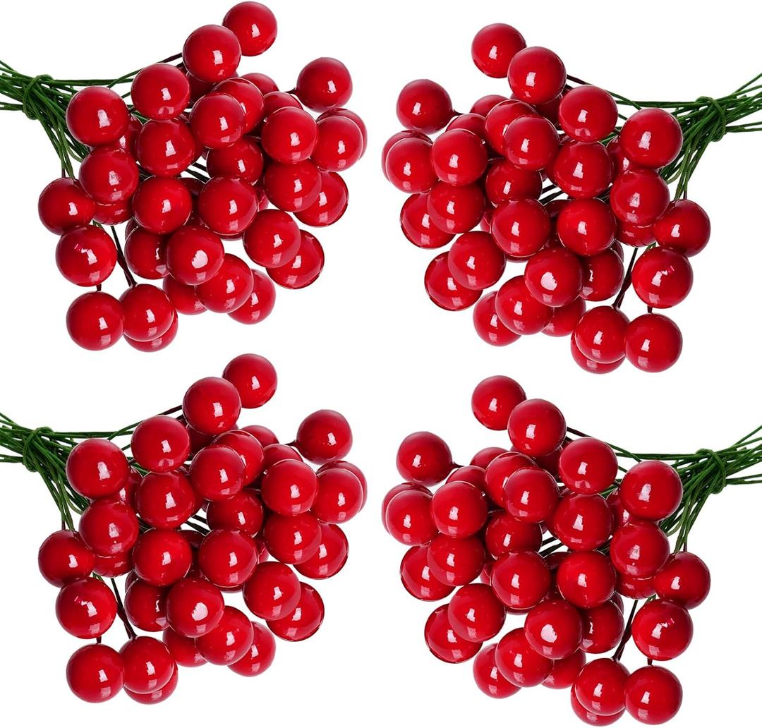 Lystaii 200pcs Artificial Holly Berries Mini 10 mm Christmas Fake Berries with Wire Stems Artificial Berry Fake Berry Stems Picks for Christmas Tree Decorations Wreath Party (Red and Green Stems)