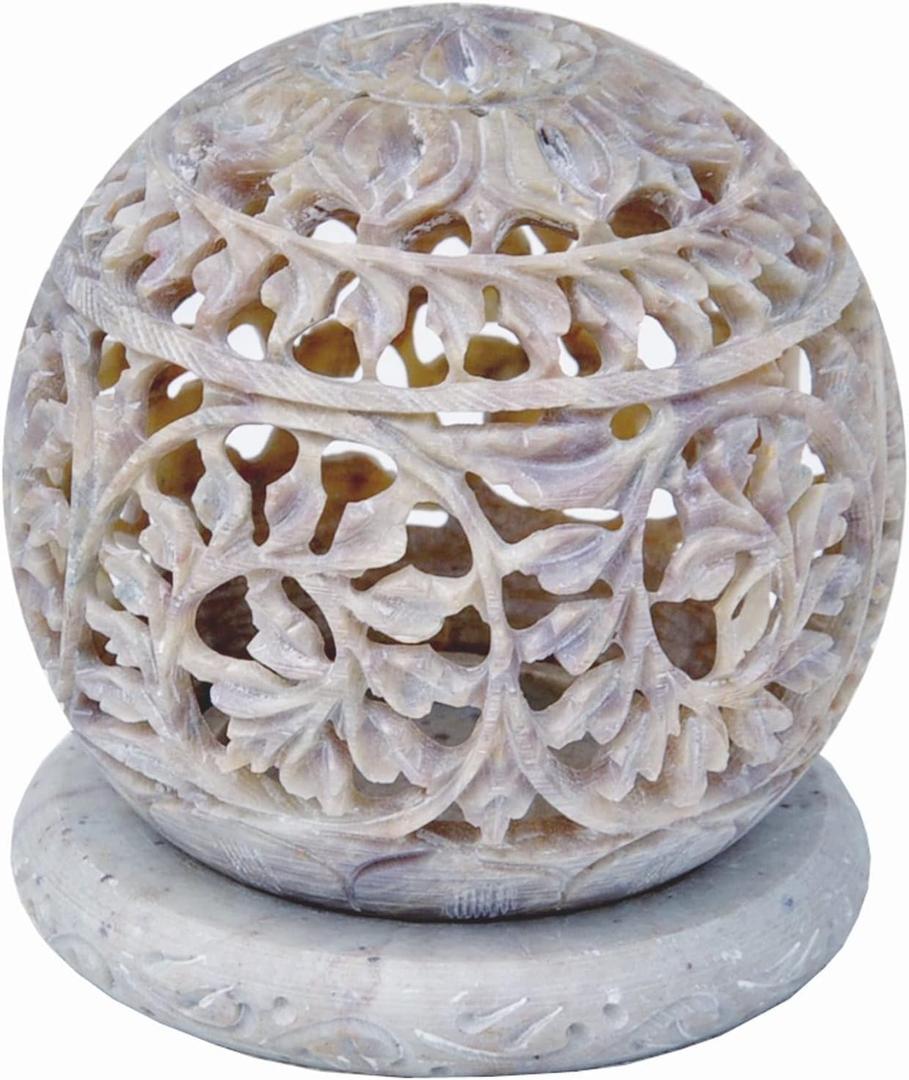 Valentine's Day Gifts Soapstone Votive Tea-Light Holder with Hand Carved on The Side and a Rosette on The Top | Decorative Lantern for Home and Kitchen Decor