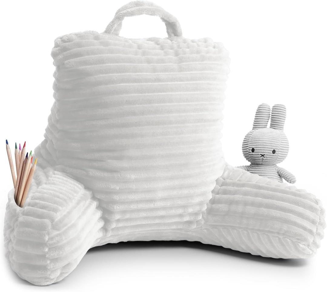 Clara Clark Reading Pillow for Kids  Back Pillow for Sitting in Bed, Plush Bed Pillows for Sitting Up in Bed, White Kids Reading Pillow, Shredded Foam Bed Chair Pillow with Arms and Pockets