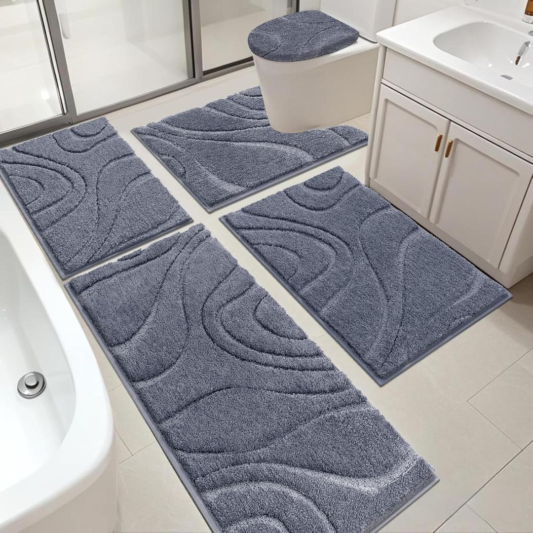HEBE Bathroom Rugs Sets 5 Piece, Soft Absorbent Microfiber Bath Mat for Bathroom, Non Slip Washable Bath Rug Set with Toilet Cover, Bath Runner and U-Shaped Contour Toilet Rug, Dark Grey (18"x26"+20"x32"+20"x48"+U20"x24"+Cover19"x21")