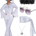Jexine Halloween 70s Women Disco Outfit Costume Set Disco Party Top Pants Sunglasses Ball Necklace Earring Wig M