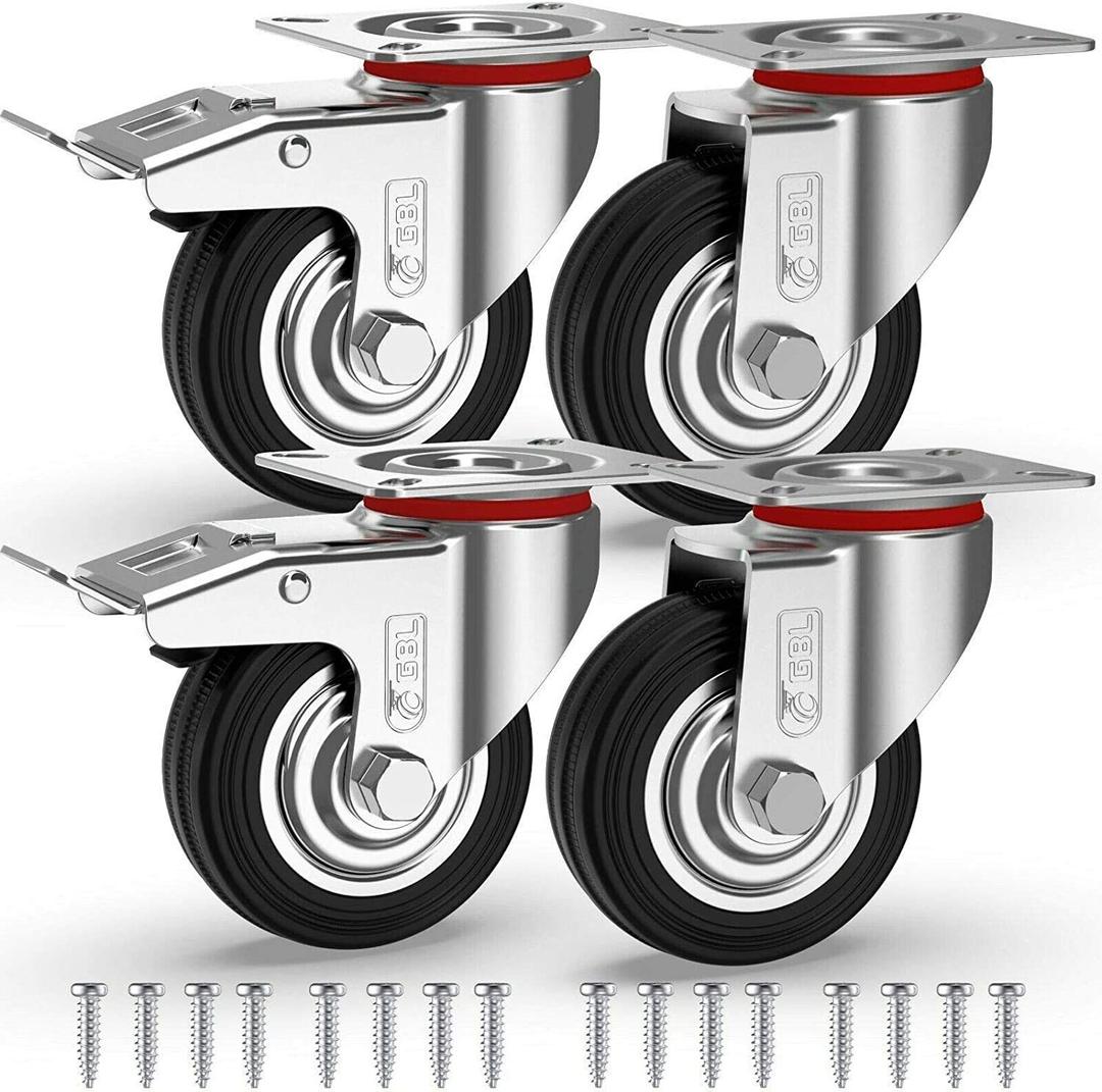 GBL Heavy Duty Castor Wheels with 2 Brakes + Screws - 75mm up to 200KG - Pack of 4 No Floor Marks Silent Caster for Furniture - Rubbered Trolley Wheels - Silver Castors