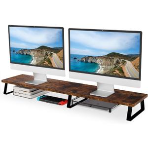Aothia Dual Monitor Stand Riser - Metal Leg Monitor Stand with Drawer, Desk Shelf for PC, Laptop & Screen (Vintage)