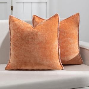 Decorative Throw Pillow Covers Pack of 2, 18x18 in Chenille Soft Pillow Covers with Stitched Edge, Farmhouse Neutral Euro Decorative Pillows for Bed Couch Sofa Home Decor, Orange