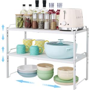 2 Pack 11 Width Expandable Kitchen Cabinet Organizer Shelves, Heavy Duty Kitchen Countertop Organizers and Storage Rack, Stackable Metal Small Storage Shelf For Pantry Counter Cupboard Organization