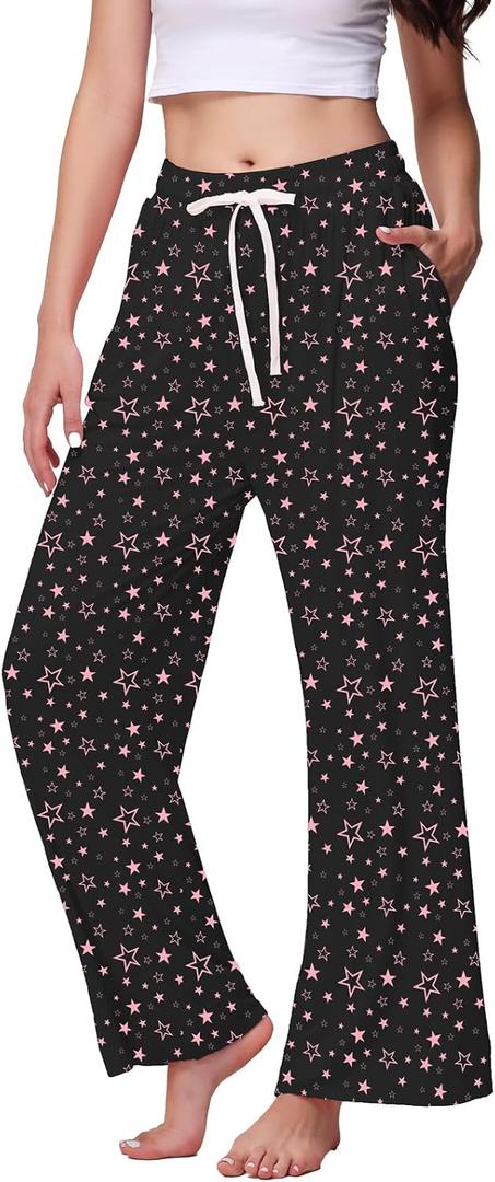 Veseacky Women's Wide Leg Lounge Pants Yoga Pajamas Comfy Stretch Drawstring Pajamas Puls Size Dance Bottoms S-4XL (Black, M)