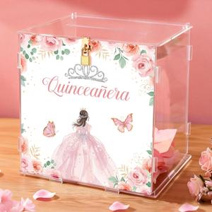Novabright Quinceanera Money Cash Box Quinceanera Acrylic Cardholder Gift Box with Lid and Lock for Sweet 15th Birthday Coming of Age Ceremony Quinceaneras Party Decor