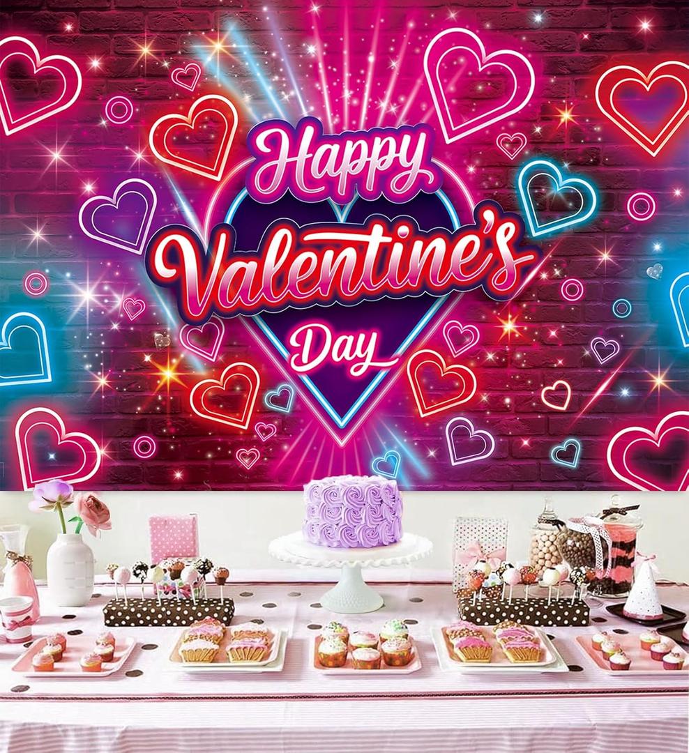 Neon Happy Valentine's Day Banner Backdrop 7x5FT Colorful Glitter Valentines Day Photography Background Red Pink Valentines Party Decorations Supplies Photo Props