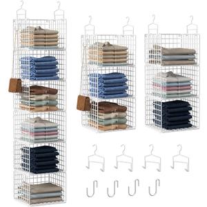 6 Tier Closet Hanging Organizer, Metal Closet Organizers and Storage with 4 Hanging Hooks 4 S-Hooks for Wardrobe Laundry Room, Wire Storage Shelf for Clothes Sweaters Pants (White)