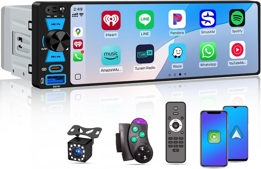 6.5" Single Din Car Stereo Wireless Apple CarPlay Android Auto, Car Radio Bluetooth 5.2, FM/AM/RDS, IPS HD Touchscreen, Type-C Fast Charging