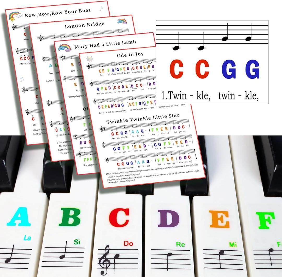 Piano Keyboard Stickers for 88/61/54/49/37 Key, with Piano Sheet Music,Large Letter Piano Key Stickers for Learning, Removable Notes Label for Beginners and Kids,Multicolor