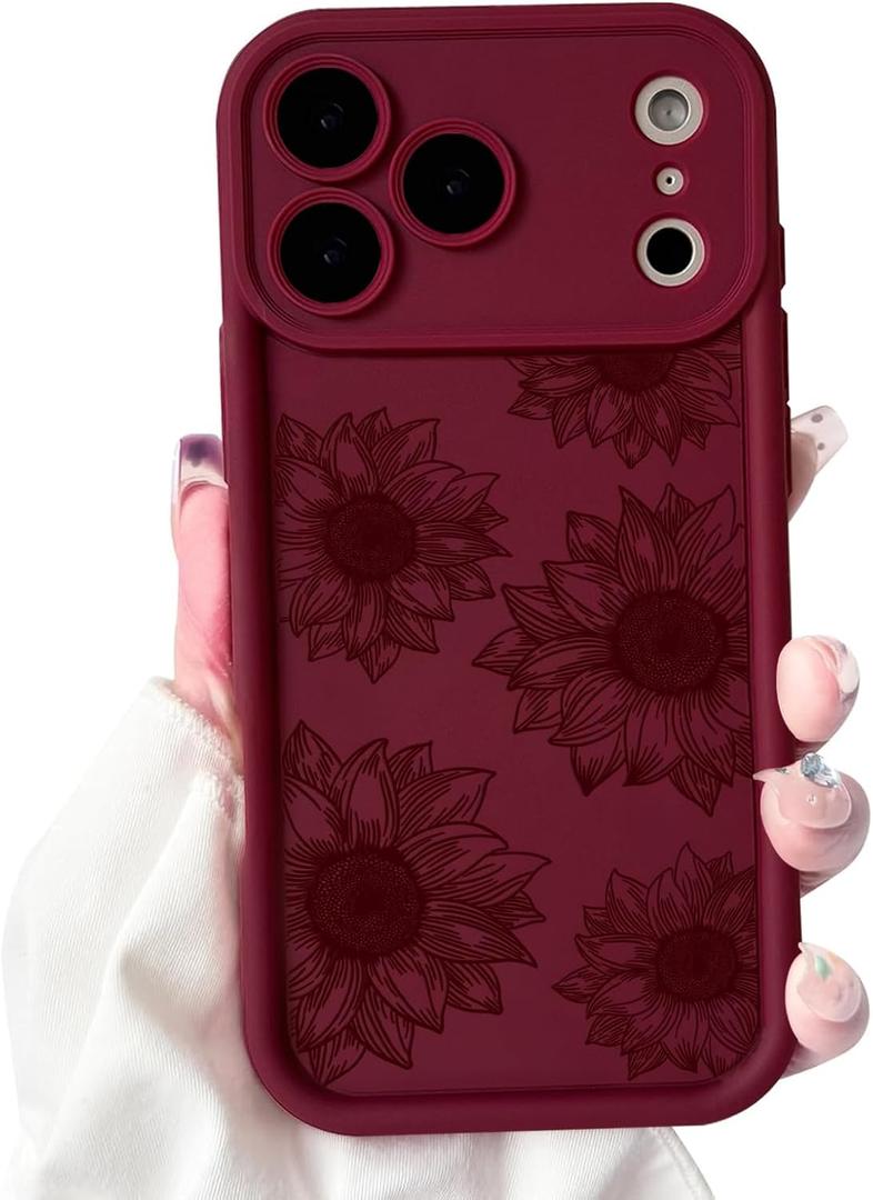 NITITOP Compatible for iPhone 17 Pro Case Cute Sunflower Floral Design for Women Girls Flower Artistic Soft TPU Shockproof Protective Full Camera Protection Cover - Wine Red