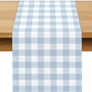 Dusty Blue Gingham Table Runner Blue Checkered Boy Girl Baby Shower Birthday Party Decoration Home Dining Kitchen Island Decor (13" x 72")