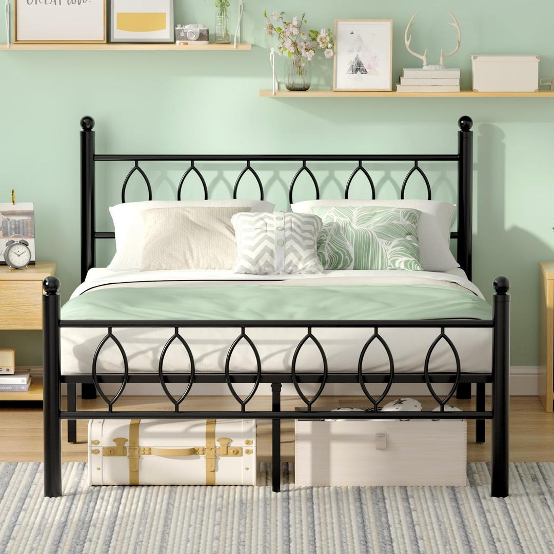 Full Size Bed Frame with Headboard, 14 Inch Classic Metal Platform Bed Frame, Under Bed Storage, No Box Spring Needed, Easy Assembly, Black