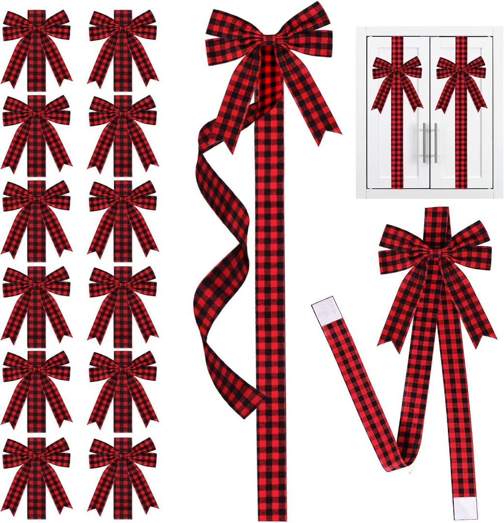 12Pcs Christmas Cabinet Ribbons Bows Decorations Red Large Knob Covers Easy to Install Kitchen Door Ribbon and Bows for Fireplace Festive Decor Xmas Tree Wreath Party Supplies(Buffalo Plaid)