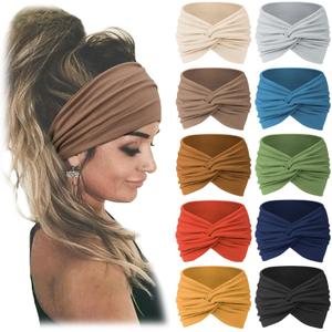 Jesries 10 PCS Women Headbands African Wide Hair Wrap Extra Turban Head Bands for Lady Large Sport Workout Stretch Non-slip Big Hair Bands (Caramel)