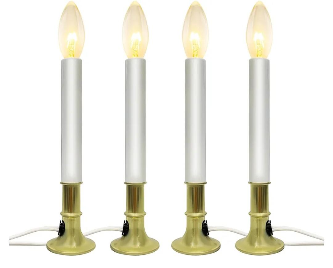 4 Pack Christmas Electric Window Candles with Dusk-to-Dawn Auto Sensor, Turns On in Dark, Off in Light, Plug in Electric Candle for Christmas Window Home Table Decor, 7W C26 Clear Bulb, Gold Base