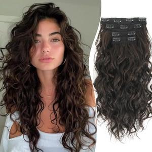 Aisaide Clip in Hair Extensions, 4PCS 20 inch Curly Hair Extensions Short Soft Natural Hairpiece Lace Weft Curly Wave Clip Ins Extensions Invisible for Women,Natura Off Brown