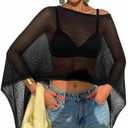 Moss Rose Women's Sheer Poncho Top Lightweight Knit Crochet Cover Up (Black)
