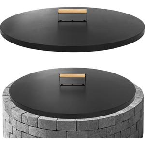G GOOD GAIN Firepit Lid Round 28 Inch - Rust Resistant Fire Pit Lid Cover with Wooden Handle & Gloves, Fire Pit Snuffer Lid for Courtyards, Patio, Winter Cold Protection.