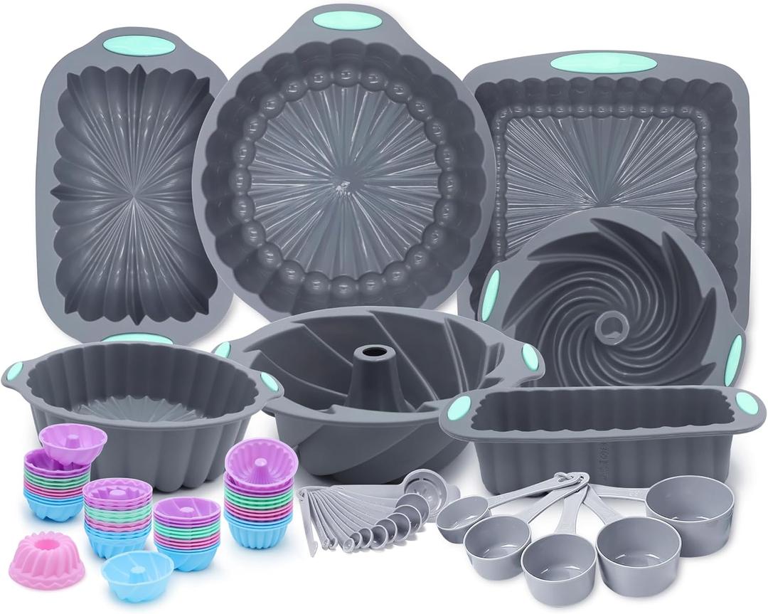 Tongjude 72 Pieces Silicone Bakeware Set, Nonstick Baking Pans Set, Easy Release Oven Silicone Pan for Kitchen with Cake Pans, Loaf Pans, Baking Cups, Measuring Cups and Spoons Set, Grey