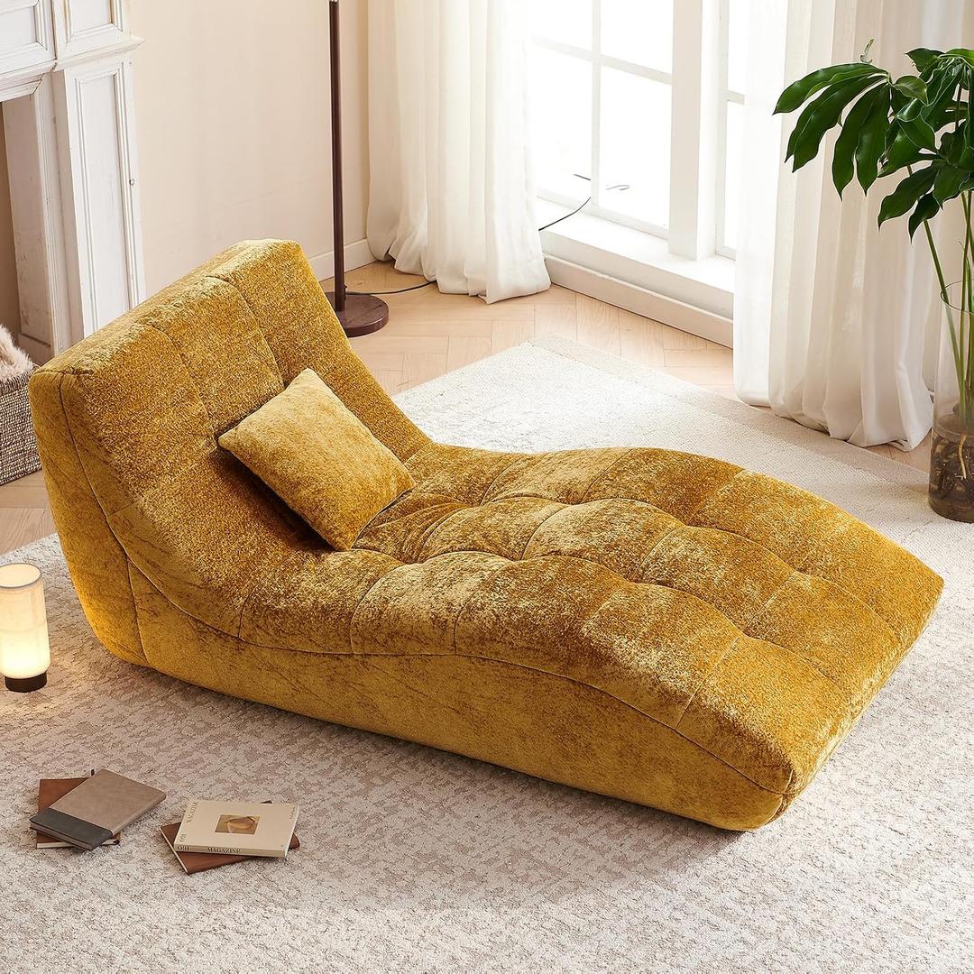 Chaise Lounge Chair with Curved Back, Modern Upholstered Recliner Sofa, Tufted Accent Lounger Comfortable Lazy Chair for Bedroom, Apartment (Yellow), 59.06" L x 30.71" W x 25.59" H