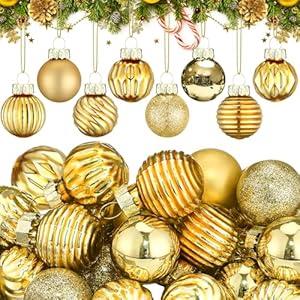 Hollowfly 32 Pcs Mini Glass Christmas Ornaments Balls 1 Inch Shiny Miniature Xmas Tree Hanging Decoration Small Christmas Ball Ornaments Pendant for Tiny Trees Holiday Party Home Decor (Gold)