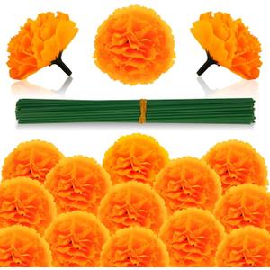 Labeol 100PCS Marigold Flowers Artificial Marigold Flowers Heads Bulk Mexican Decoration Silk Orange Marigold Garland with Stems for Day of The Dead Halloween Diwali Party Decorations Home Decor