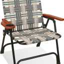 Folding Lawn Chair, Portable Camping Chair with Steel Frame, Woven Fabric and Wooden Armrests, Webbed Patio Dinning Chair for Yard Camping Poolside Beach