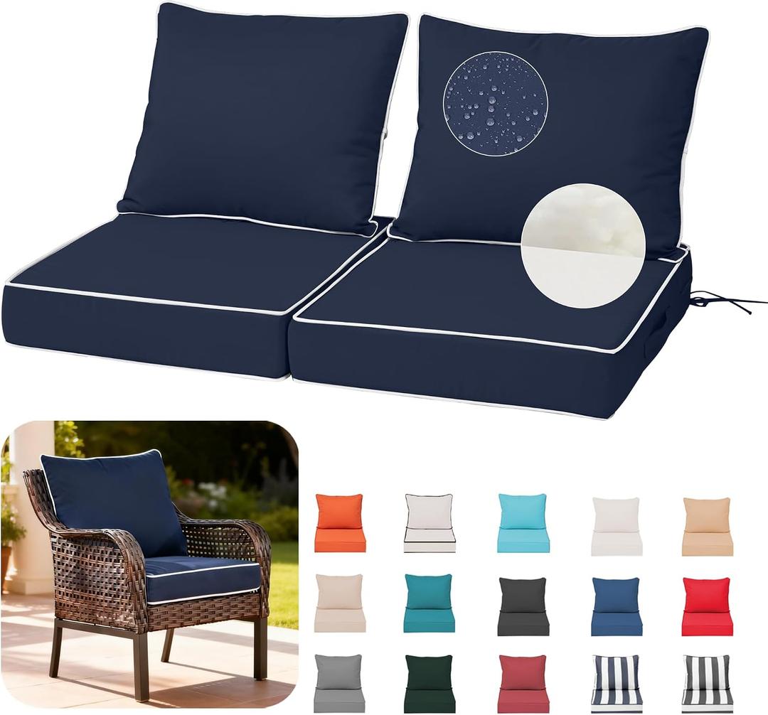 24X24-2set,Outdoor Chair Cushions, 30D High-Density Foam Patio Chair Cushions, Water-Resistant UV 2000H Color Fastness Outdoor Seat Cushions for Patio Furniture Sofa,Navy Blue + White Piping