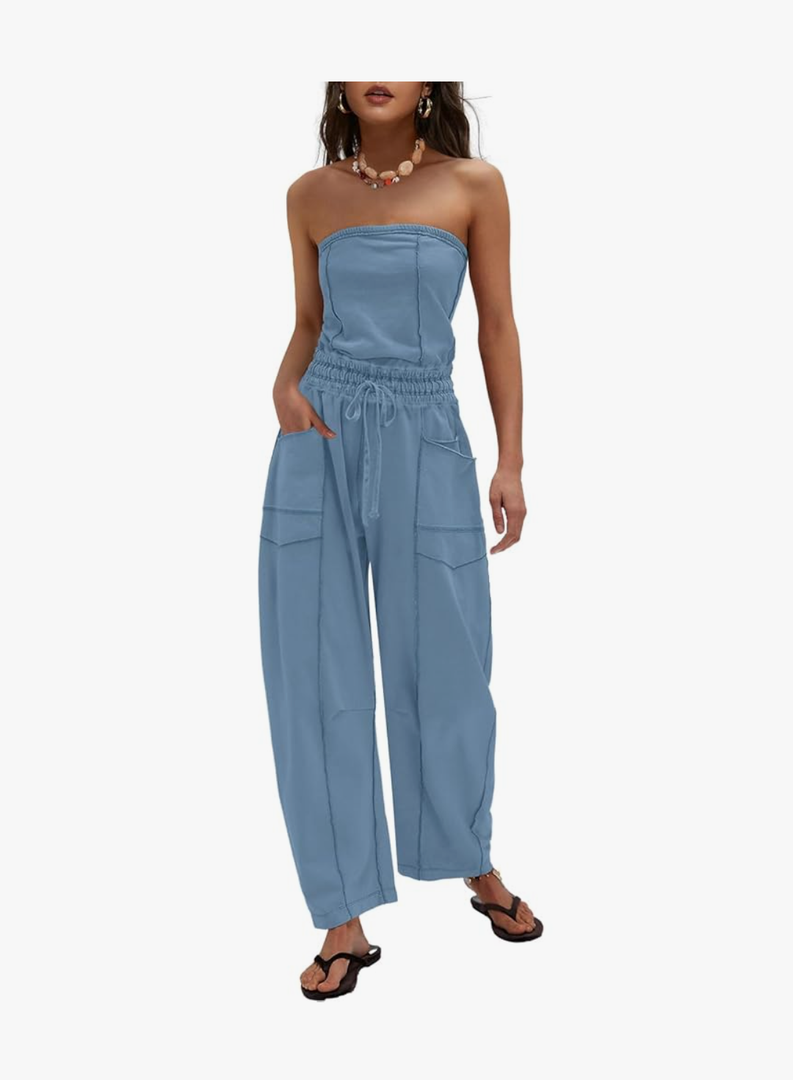 LAMISSCHE Womens Casual Strapless Jumpsuits off the Shoulder Summer Rompers Sleeveless One Piece Outfits with Pockets, XL
