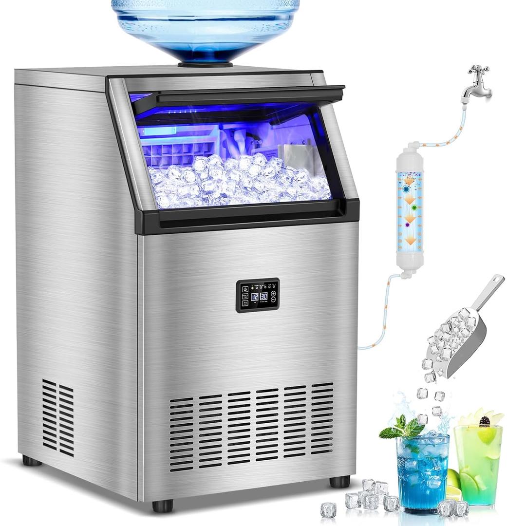 Commercial Ice Maker Machine with 50 lbs Storage Bin, 160 lbs/24H, Dual Water Inlet Options, Under Counter Freestanding Ice Maker for Home, Bar, Support 5-Gallon Bottle Water & Tap Water