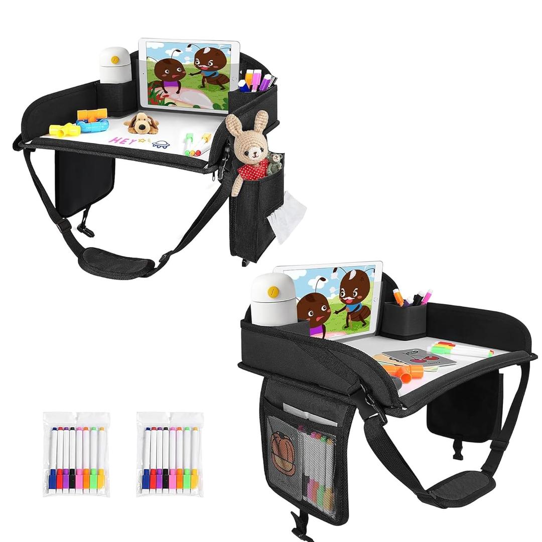 Travel Tray for Car Back Seat, 2-Piece Set Road Trip Essentials for Little Travelers, Portable Travel Tray for Road Trip with Dry Erase Board & Storage Organizer (Black)