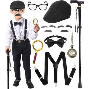 100 Days of School Costume for Boys Kids,Old Man Costume for Kids,Grandpa Costume Accessories Boys Set (Black)