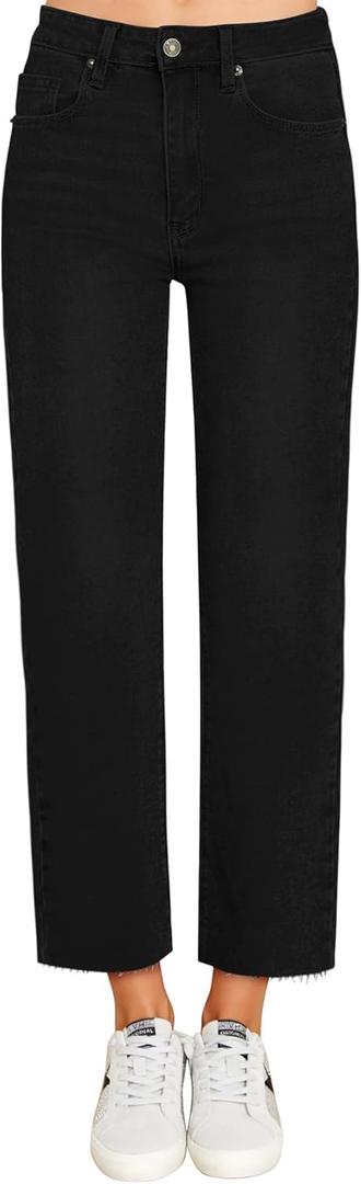 KDF Women's Cropped Straight Leg Jeans - High Waisted Jeans for Women 7/8 Length Denim Pants with Crop Hem (2, #0922_black(Frayed Raw Hems))