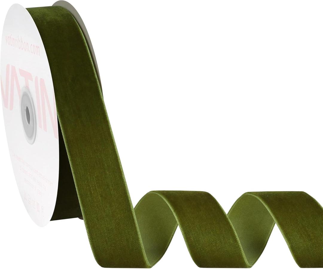 VATIN Olive Velvet Ribbon 1" Green Premium Plush Velvet Woven Edge Velvet Ribbon for Christmas Tree,Gift Wrapping,Flower Bouquet,Wreath Decorations,Bow Making- 10 Yards
