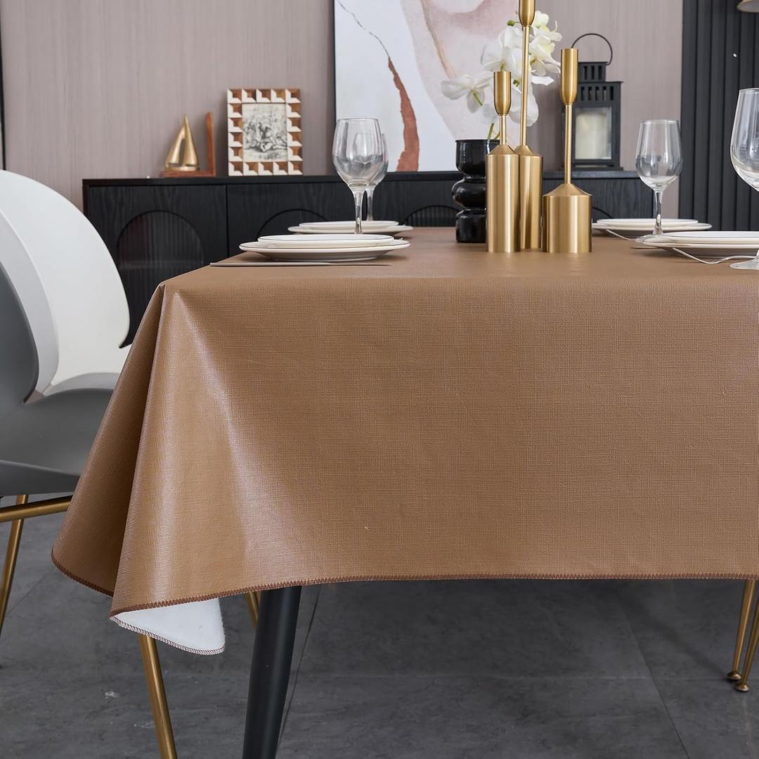 Rectangle Tablecloth Wipeable Vinyl Tablecloths with Flannel Backing, Plastic Outdoor Oil-Proof Waterproof Table Cover, Both Indoors and Outdoors. (Dark Coffee, 60" x 102")