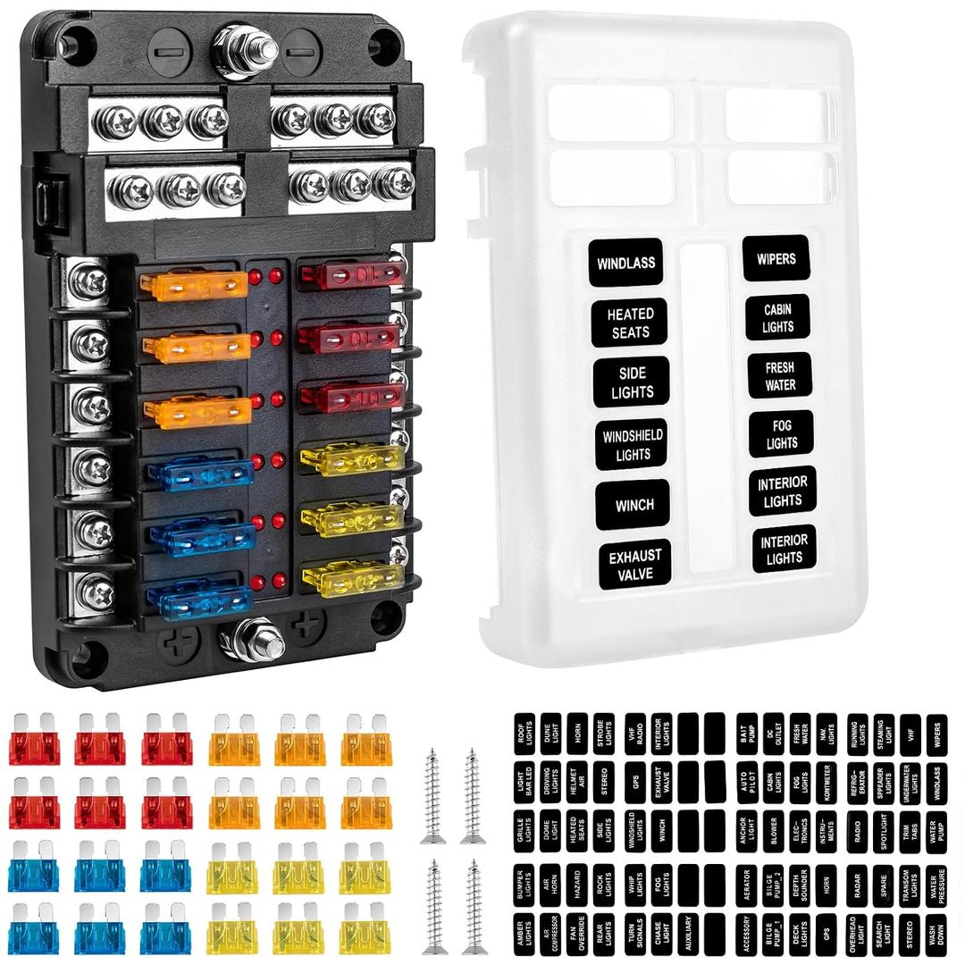 BetyBedy 12 Way Fuse Block, 12V Marine Fuse Box with LED Indicator, Automotive 12-Circuit Blade Fuse Block with Waterproof Cover for RV Motorcycle Boat Vehicle, 24PCS Fuses Tip Stickers Included