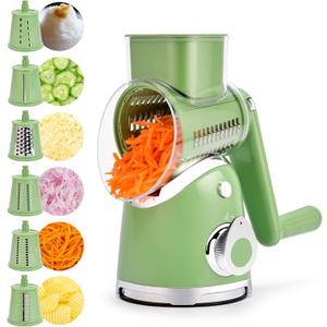 SUSTEAS Rotary Cheese Grater with Handle,Vegetable Slicer with 6 Interchangeable Blades, Reinforced Suction,Easy to Clean,Kitchen Chopper for Crushed Ice,Fruits and Nuts with Blade Storage Case,Green