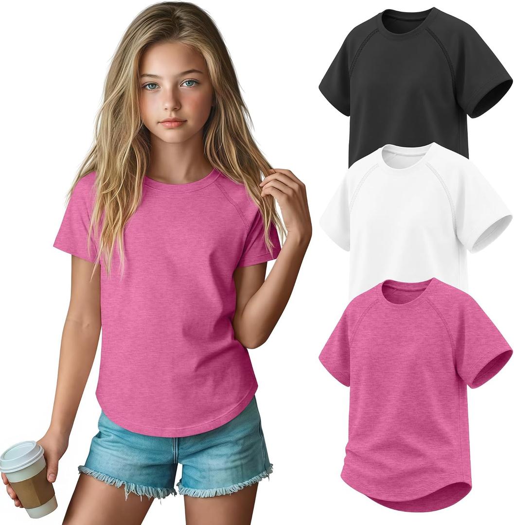 3 Pack Girls' Short Sleeve T-Shirts Loose Fit Crew Neck Tops Raglan Curve Hem Shirts Casual Kids Basic Tees 5-14Y