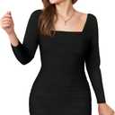 WDIRARA Girl's Square Neck Long Sleeve Ruched Bodycon Dress Casual Dresses, Size 14Y, Black