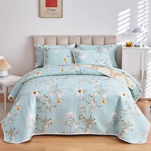 Joyreap 2 Pieces Reversible Floral Quilt Set Aqua, Microfiber Soft Smooth Quilt, Elegant Flower Design Bedspread, Lightweight Bed Cover for All Season, 1 Quilt n 1 Pillow Sham (Twin, 68x86 inches)