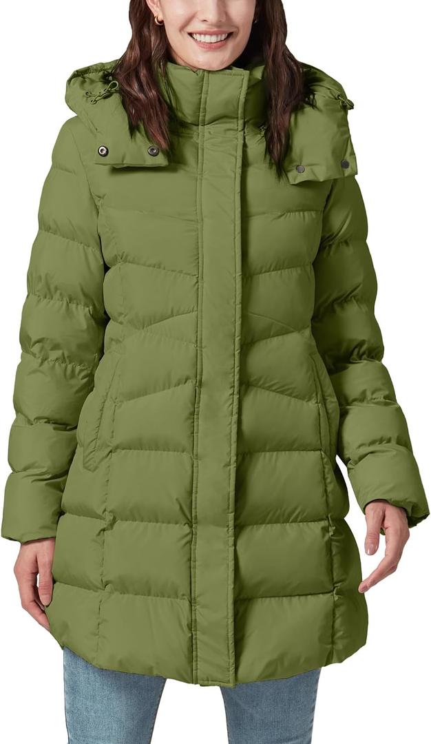 Women's Winter Warm Long Puffer Jacket Detachable Hood Quilted Thicken Coats (Green, L)